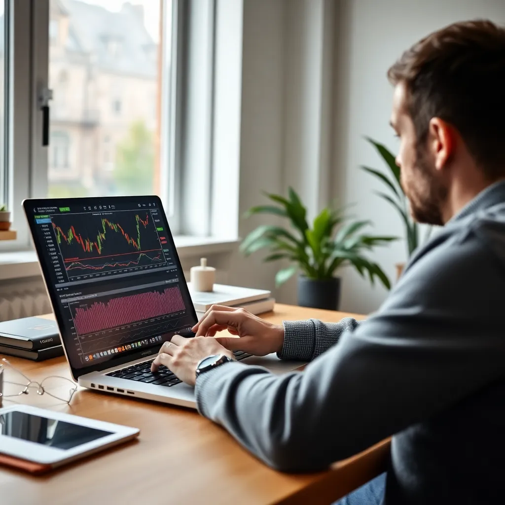 Nederlandse belegger die succesvol investeert met groeiende grafieken op laptop